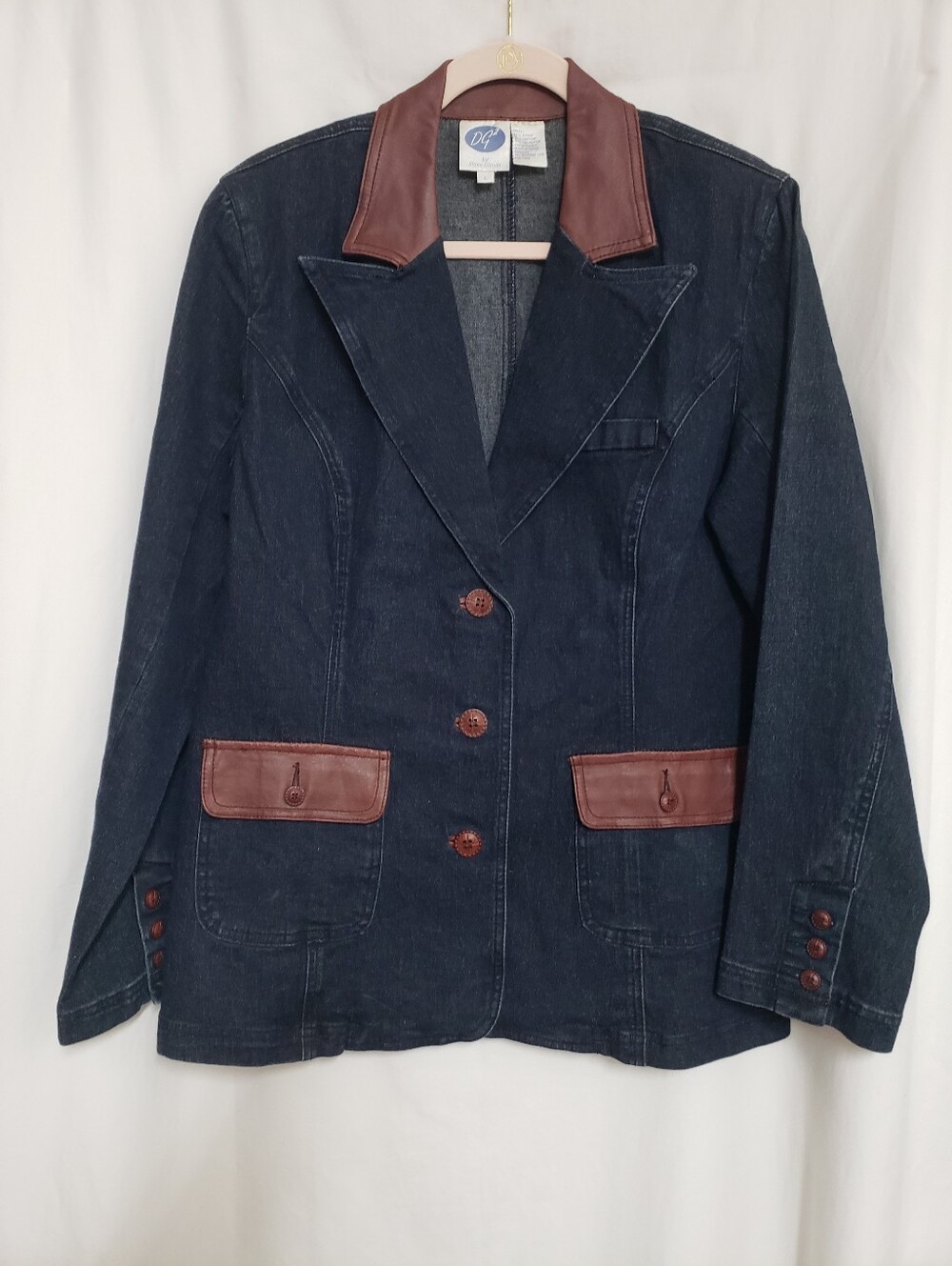 Diane Gilman Navy Denim Blazer with Brown Leather Accents